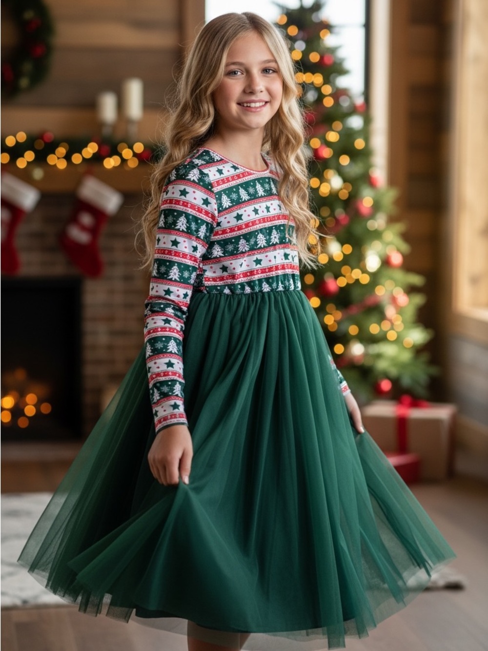 SHEIN Green & Red Holiday Tulle Dress for Girls